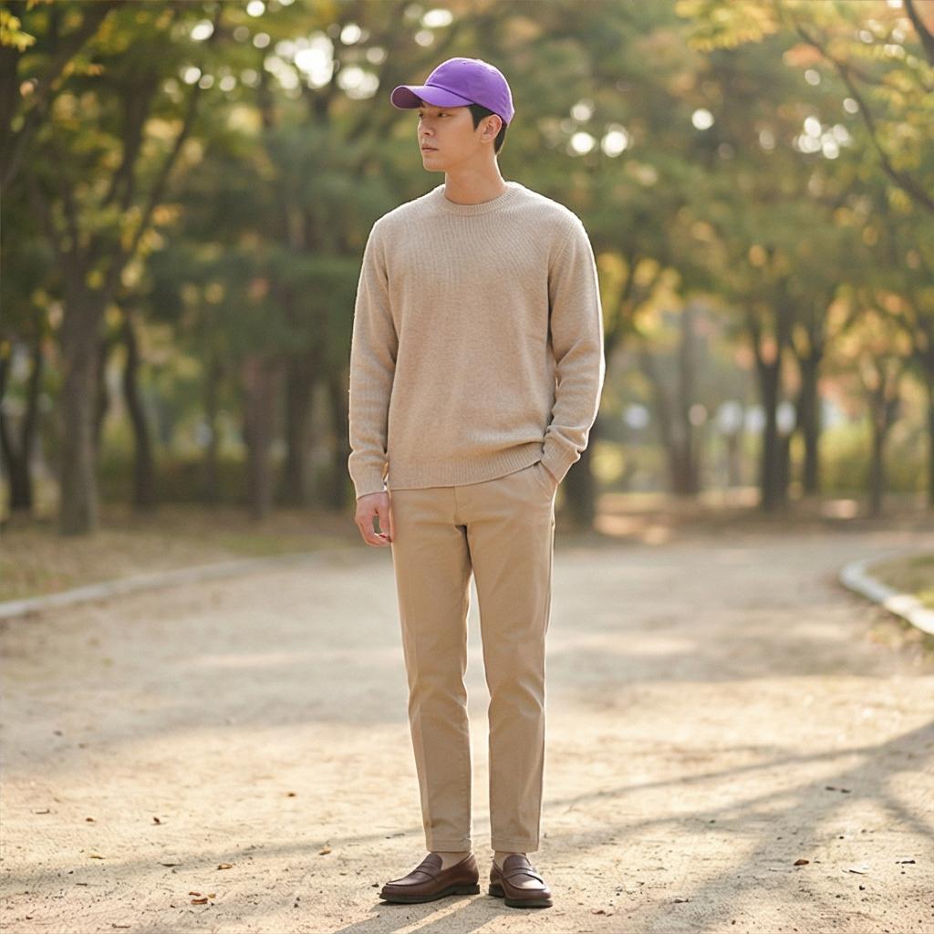 베이지색 치노 팬츠와 니트: 부드러운 주말 나들이 룩