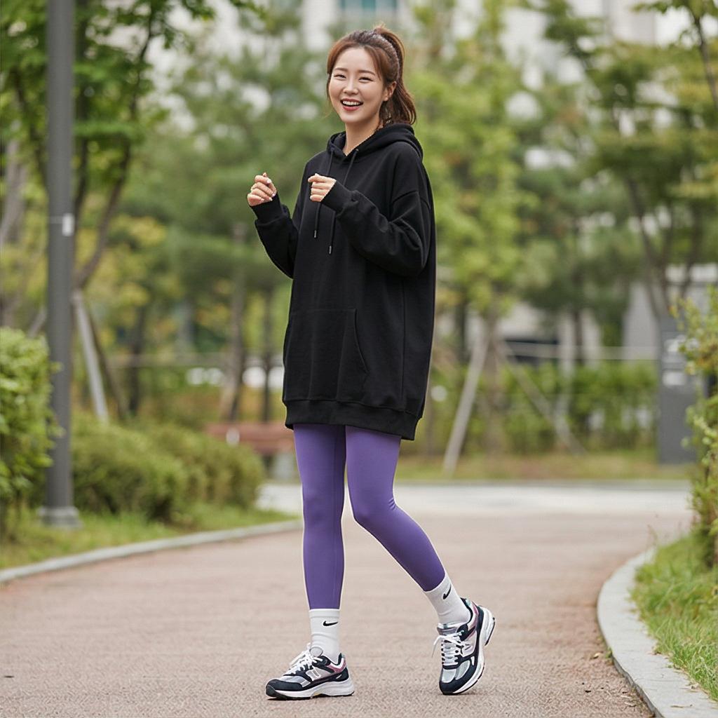검은색 롱 후드 티셔츠: 활동적인 나들이 스타일