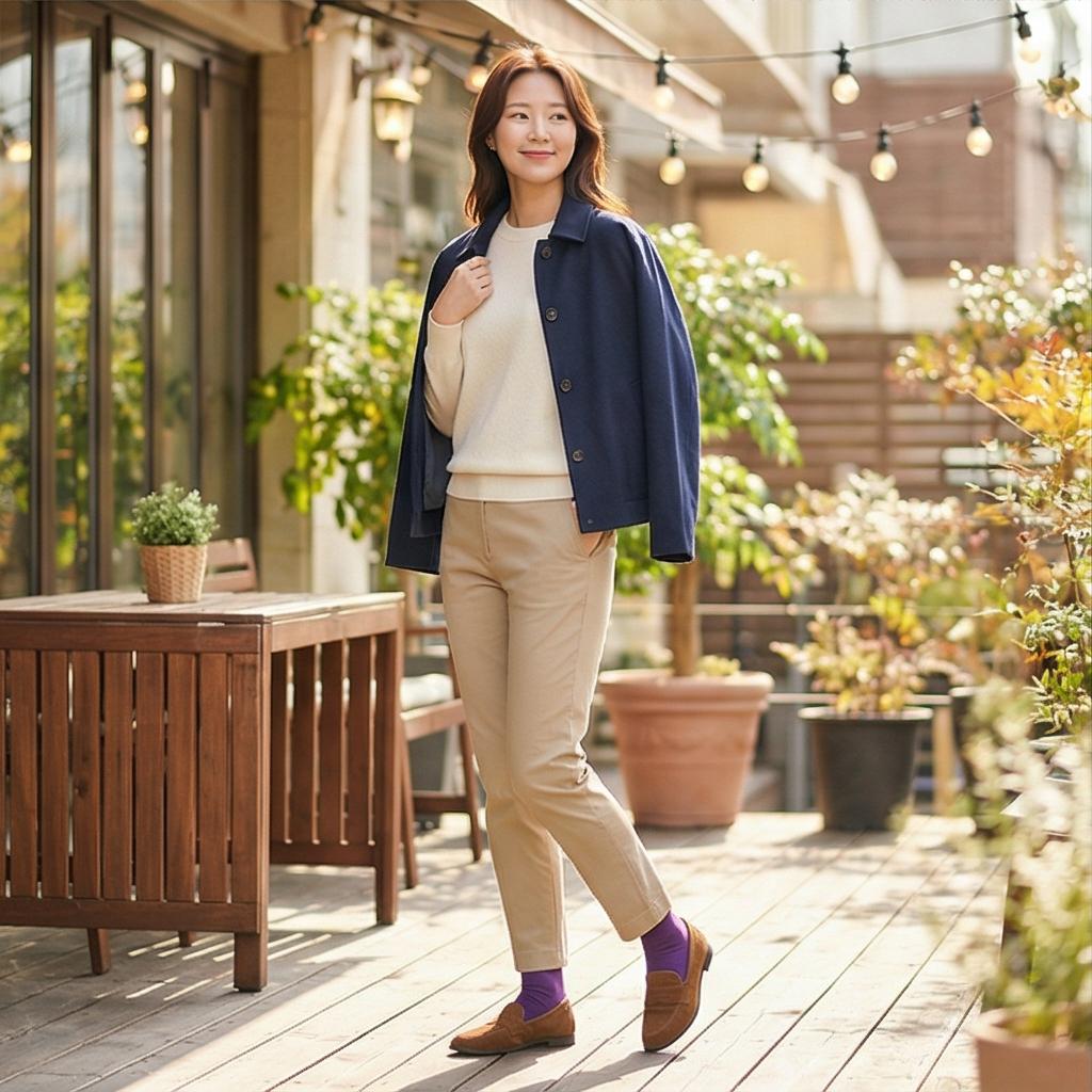 베이지 치노 팬츠: 부드러운 인상의 데이트 룩