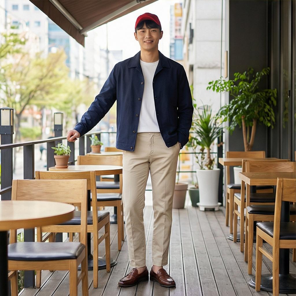 네이비 자켓과 베이지 치노 팬츠: 센스 있는 위켄드룩