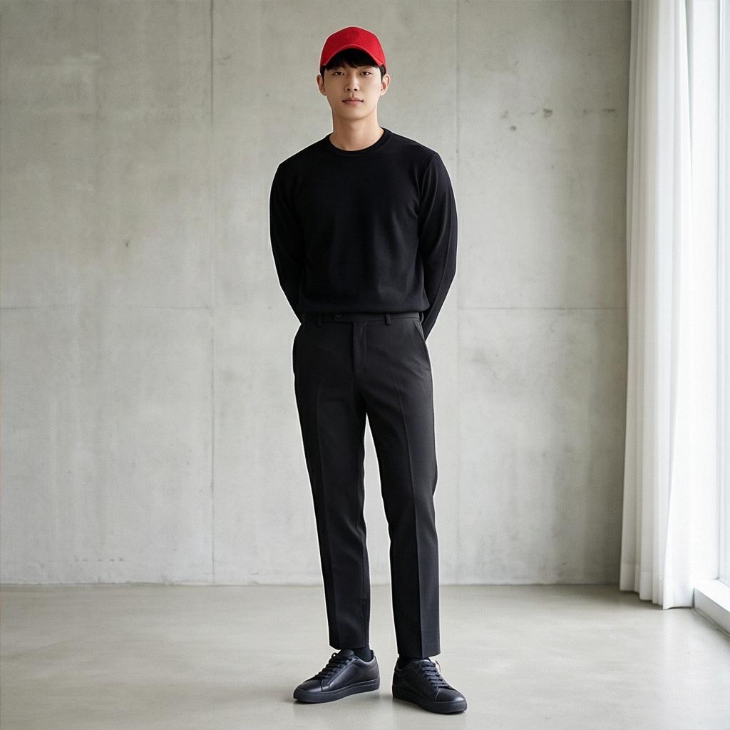 검정색 슬랙스와 검정 상의: 시크한 분위기의 미니멀룩