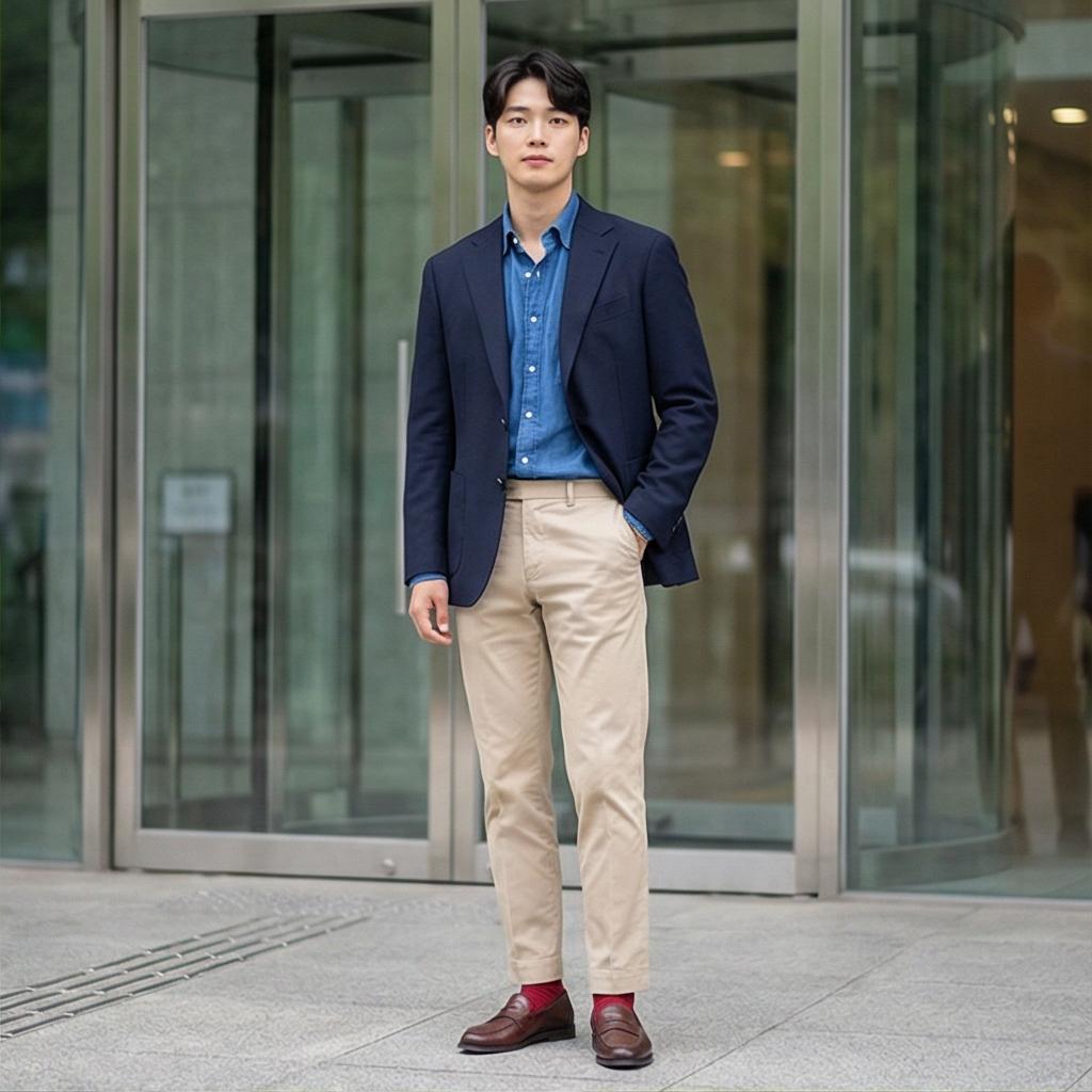 베이지 치노 팬츠와 로퍼: 센스 있는 비즈니스 캐주얼 스타일