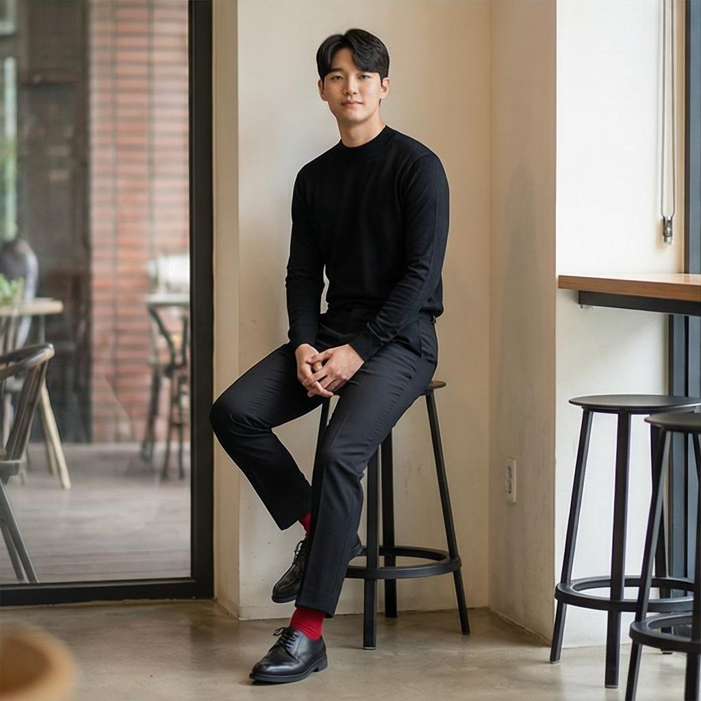 블랙 슬랙스와 더비 슈즈: 미니멀한 데이트 룩