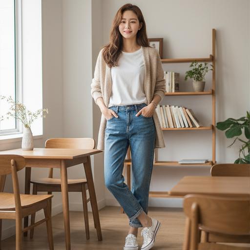 화이트 티셔츠 & 데님: 내추럴 데일리룩