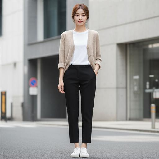 화이트 반팔티 & 검정 슬랙스: 모던 미니멀룩