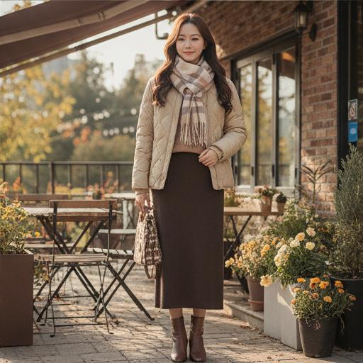 롱 스커트와 목도리: 차분한 나들이룩