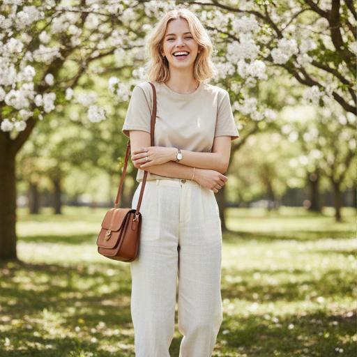 베이지 티셔츠, 화이트 팬츠: 화사하고 환한 나들이룩