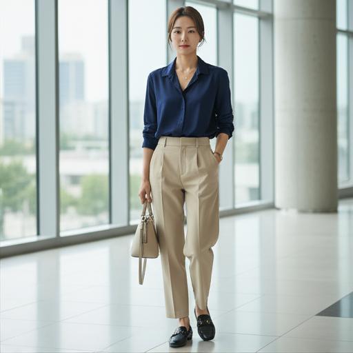 네이비 블라우스 & 로퍼: 단정한 오피스룩