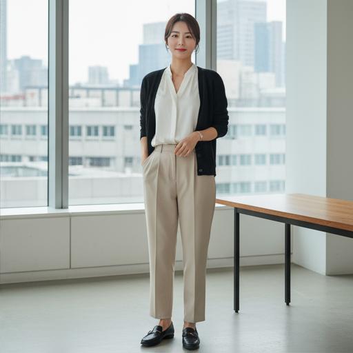 베이지색 와이드 팬츠 & 단정한 블라우스: 차분한 오피스 룩