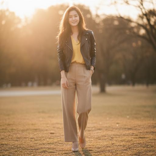 베이지 와이드 팬츠와 노란색 상의: 따뜻하고 캐주얼한 분위기