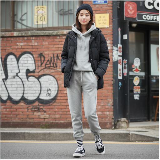 회색 조거 팬츠와 후드티: 활동성 좋은 마실룩