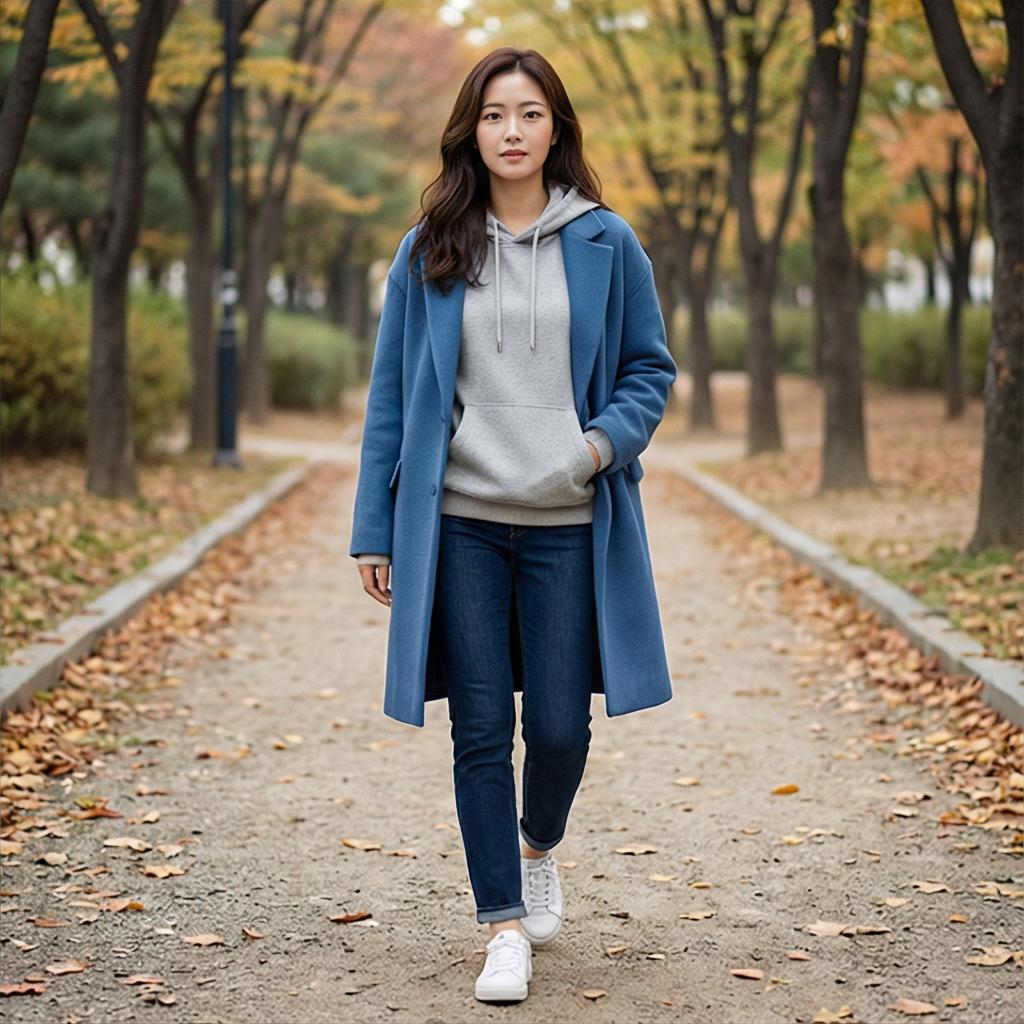 회색 후드티와 데님 팬츠: 편안한 주말 나들이 룩