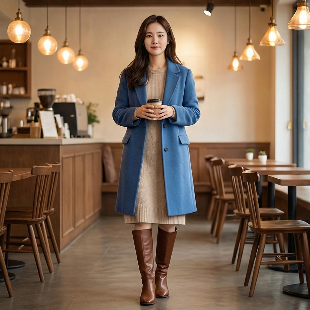 베이지색 니트 원피스: 부드러운 데이트룩