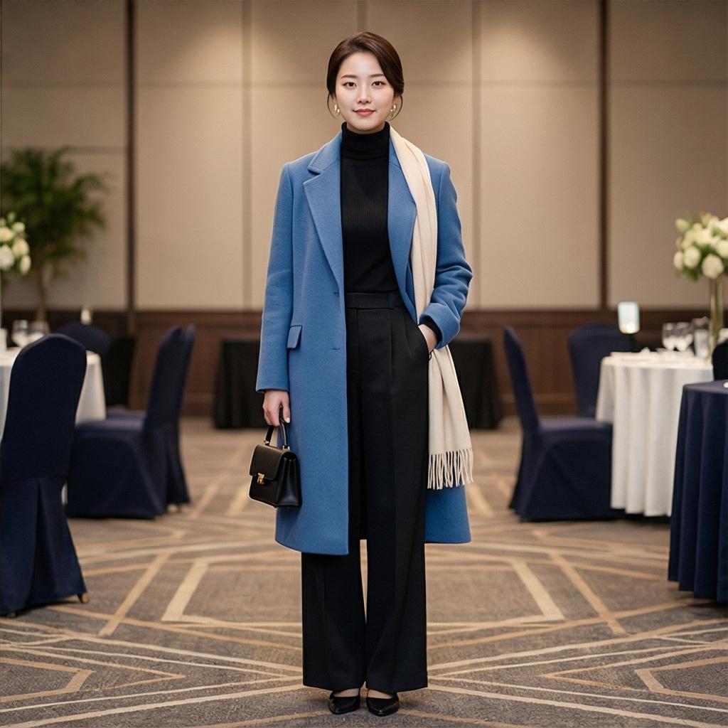 올블랙 이너와 와이드 팬츠: 시크한 하객룩