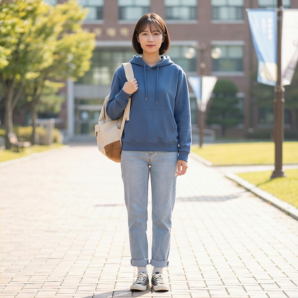데님 팬츠와 백팩: 경쾌한 캠퍼스 룩
