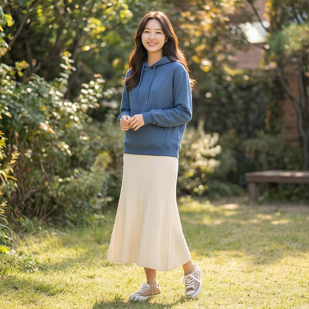 롱 스커트와 스니커즈: 부드러운 나들이 스타일