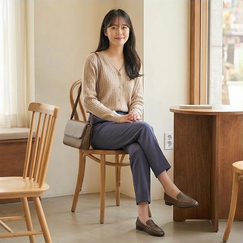 베이지 니트 가디건: 부드러운 데이트 룩