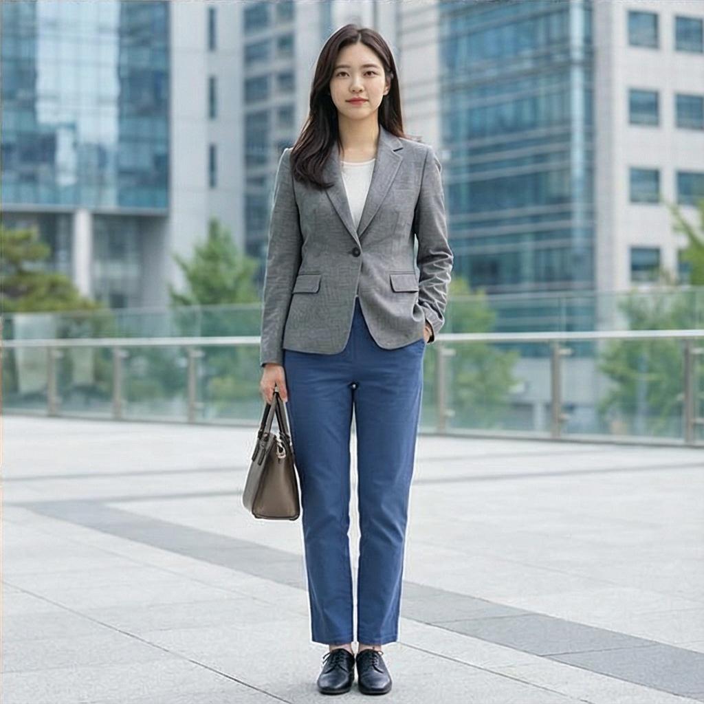 그레이 자켓과 면바지: 지적인 비즈니스 캐주얼