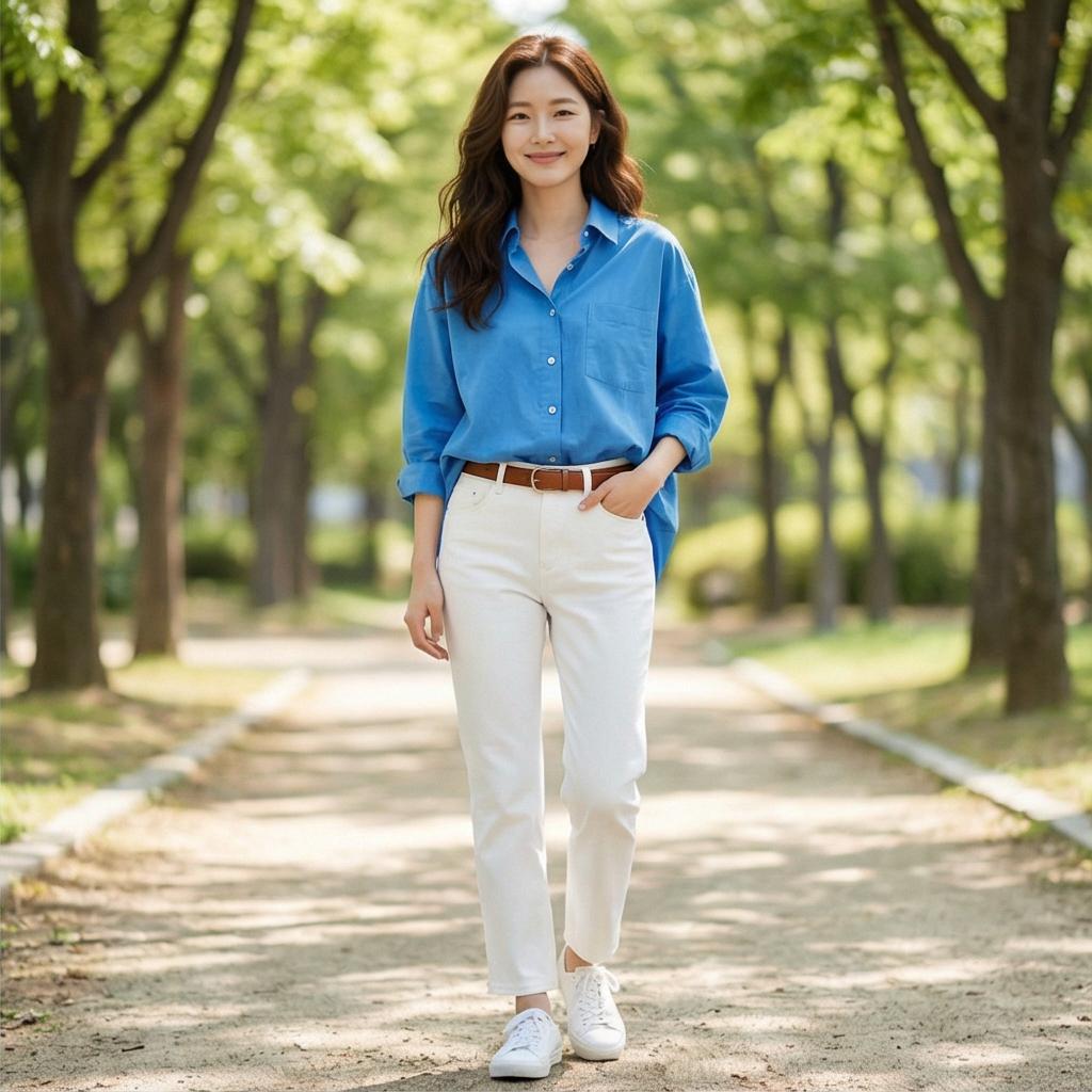 흰색 바지: 화사한 분위기의 주말 나들이룩