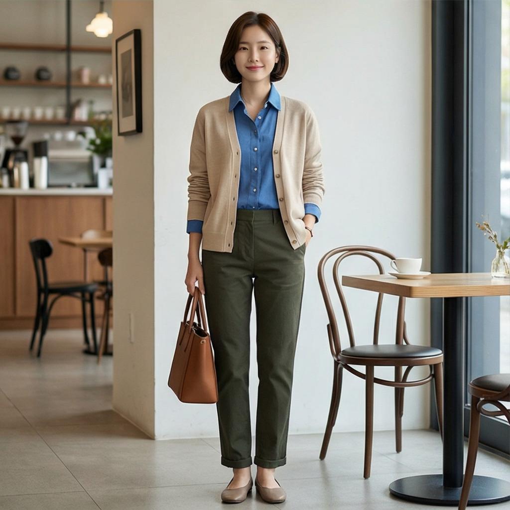 베이지색 가디건: 실용적인 비즈니스 캐주얼 스타일