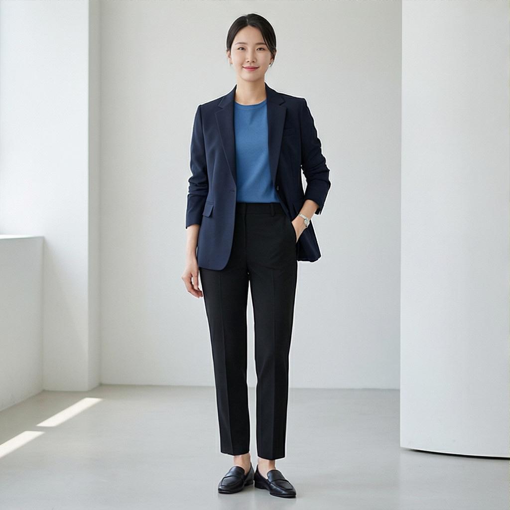 검은색 슬랙스 : 차분하고 지적인 분위기