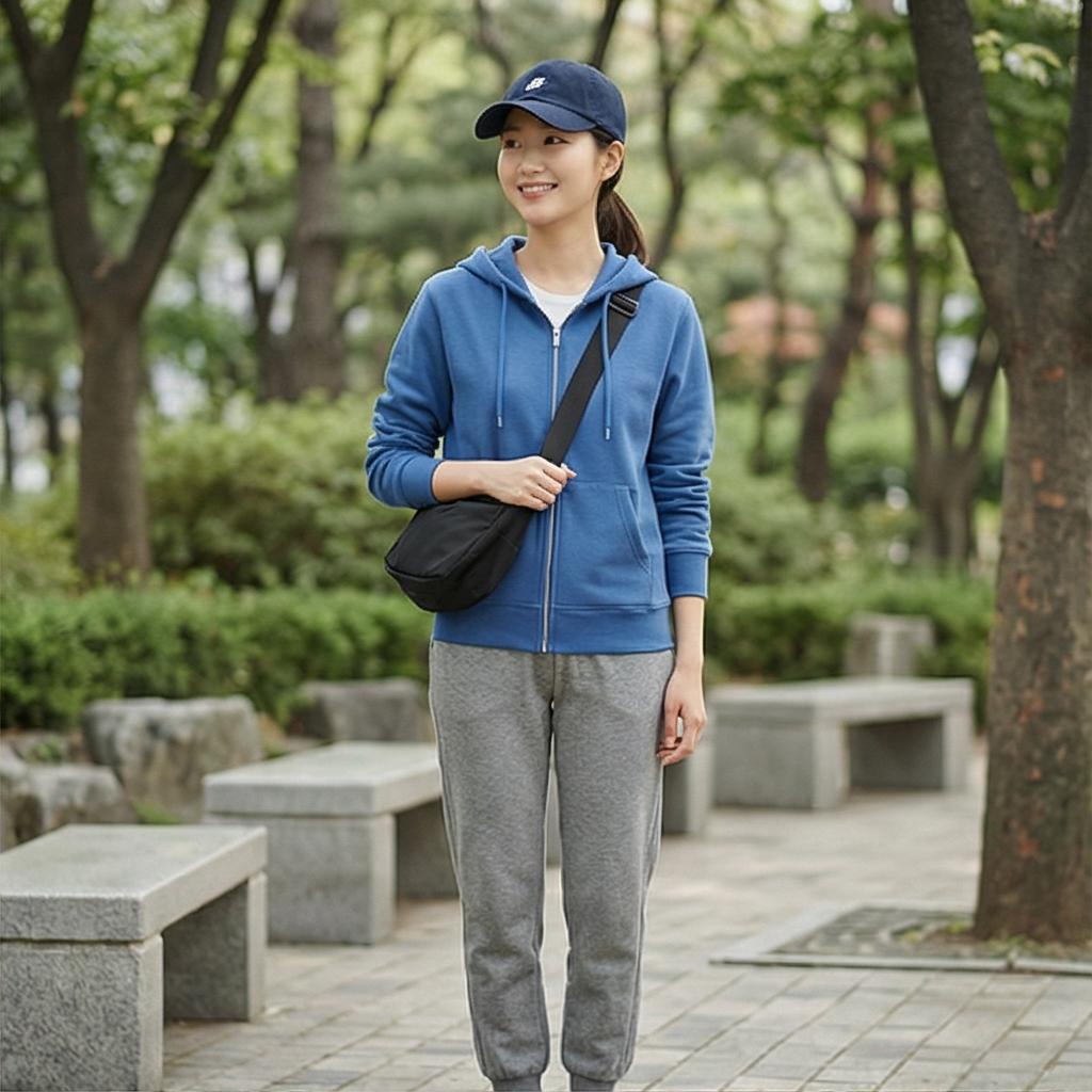 회색 조거 팬츠와 볼캡: 가벼운 산책이나 근교 나들이 룩