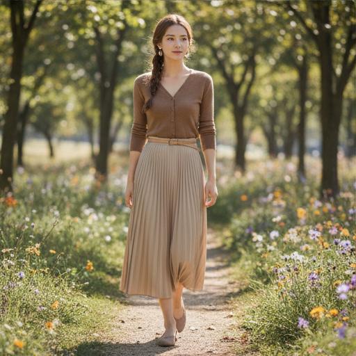 베이지색 롱 스커트: 부드러운 톤온톤 나들이 룩