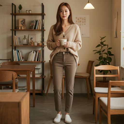 베이지색 니트나 카디건: 부드러운 데일리룩