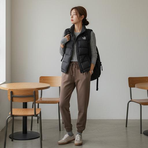 검은색 패딩 조끼: 활동적인 나들이 룩