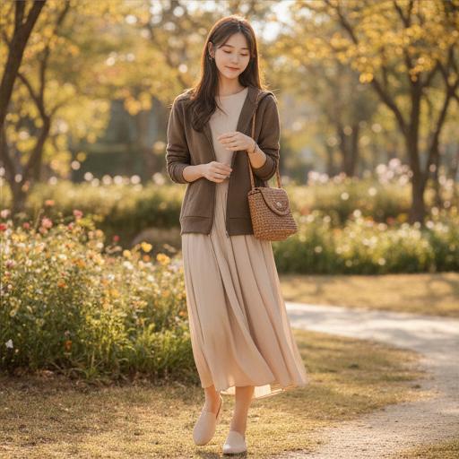 베이지색 코튼 팬츠와 스커트: 부드러운 분위기의 근교 나들이룩