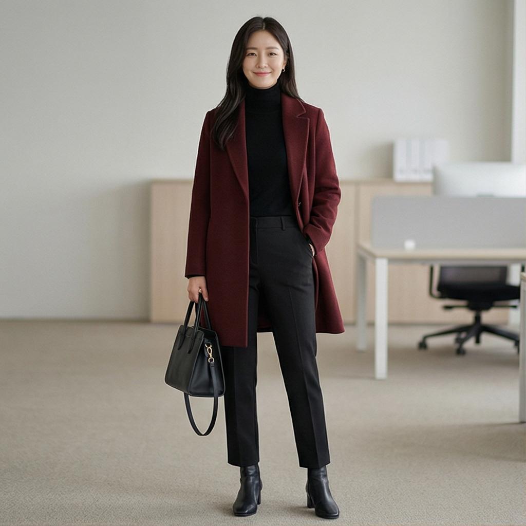 블랙 터틀넥, 슬랙스: 깔끔한 출근 룩