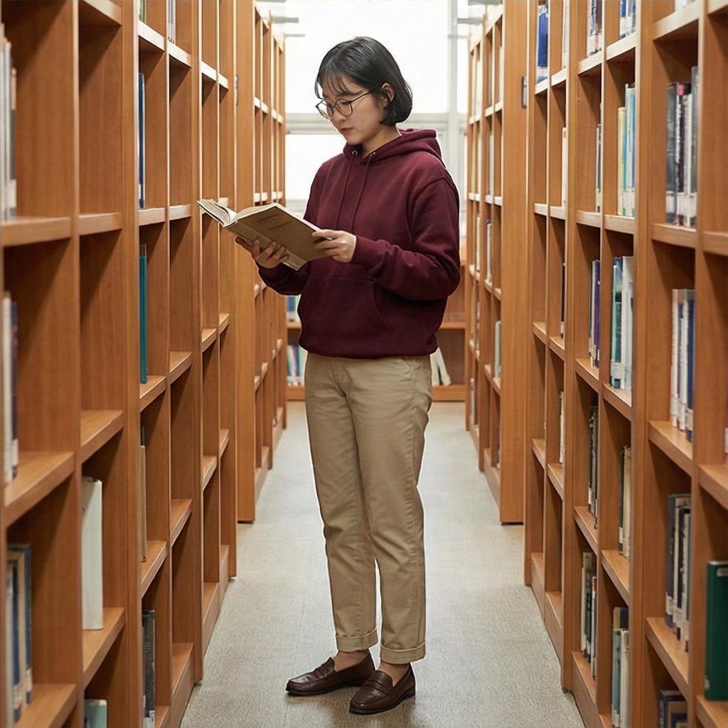 베이지 코튼 팬츠 - 부드러운 이미지의 캠퍼스 룩