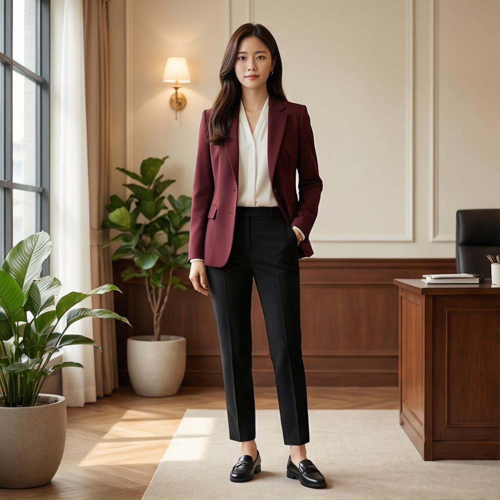 검정 슬랙스: 단정한 오피스 자켓 룩