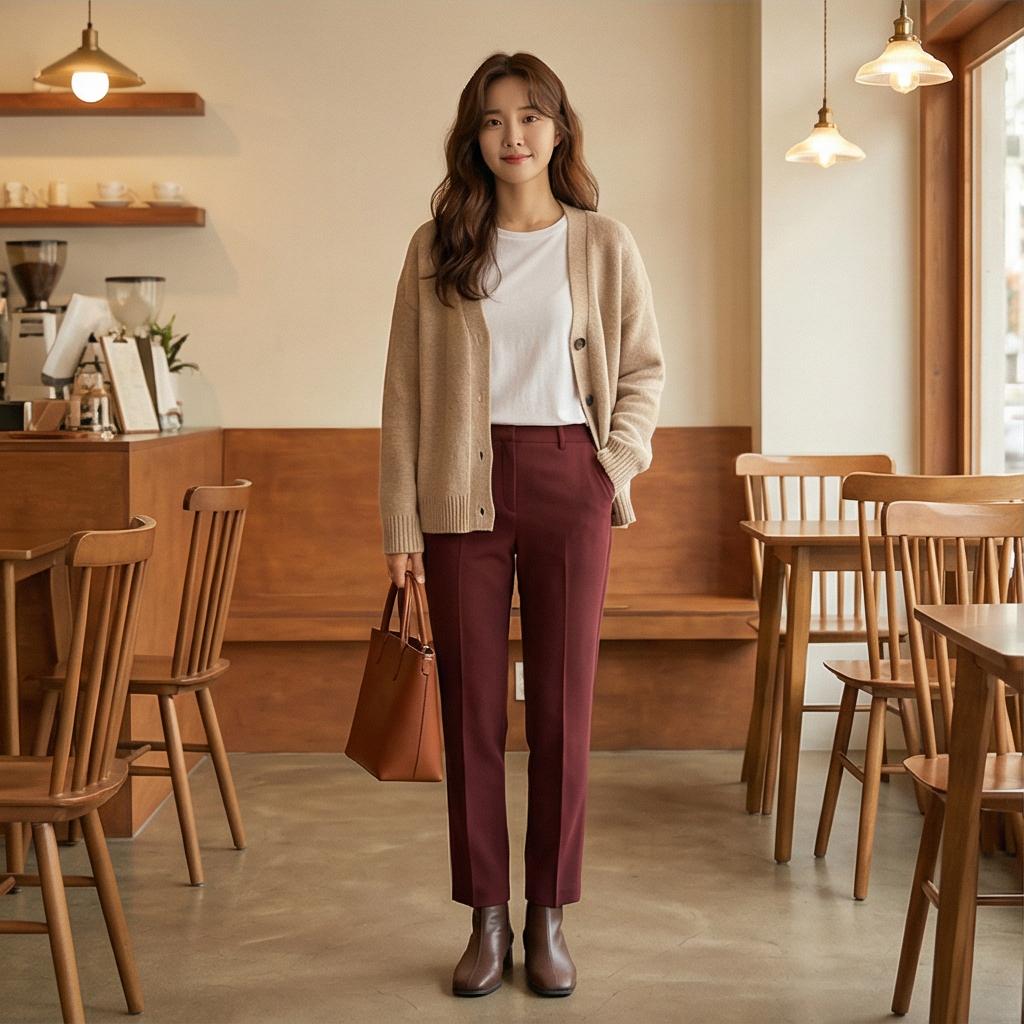 베이지색 가디건: 부드러운 나들이 룩