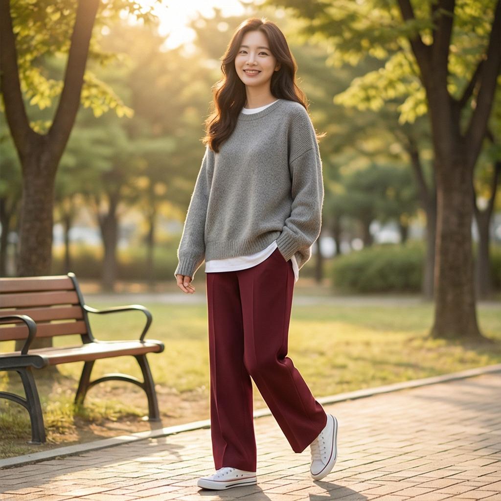 그레이 니트 & 캔버스화: 편안한 주말 나들이 룩