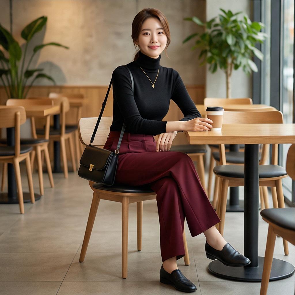 블랙 터틀넥 & 숄더백: 세련된 미니멀 데이트룩