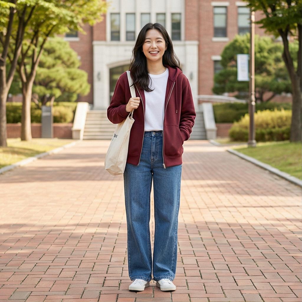 데님 팬츠와 흰 티셔츠: 캐주얼한 캠퍼스 스타일