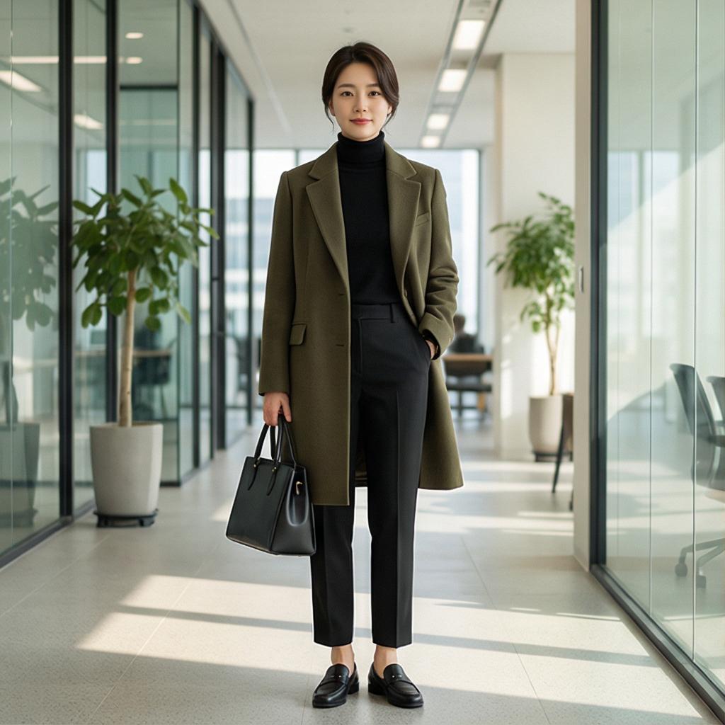 검정색 터틀넥과 슬랙스: 단정한 오피스 스타일