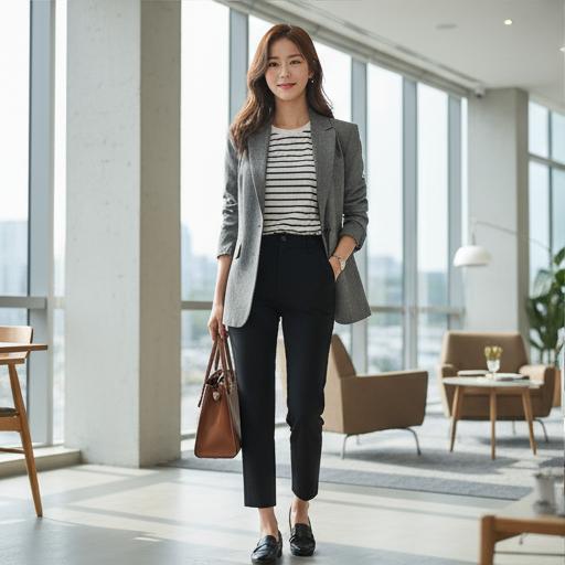 스트라이프 티셔츠와 슬랙스: 세련된 비즈니스 캐주얼