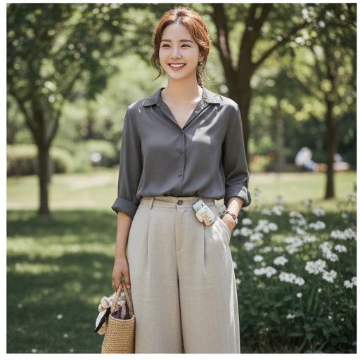 베이지 와이드 팬츠: 여성스러운 근교 나들이룩