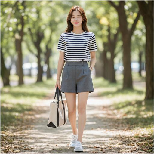 스트라이프 티셔츠: 경쾌하고 편안한 공원 산책룩