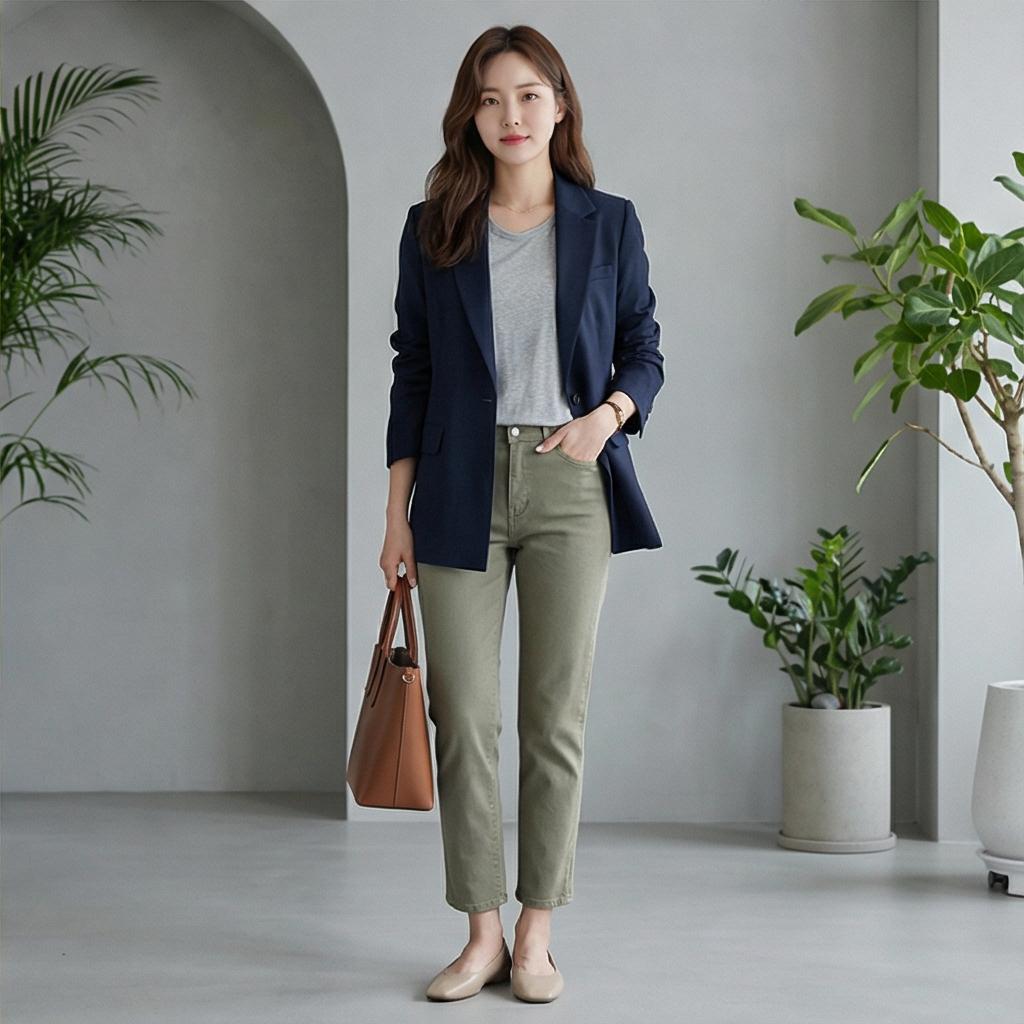 네이비 자켓: 신뢰감 있는 오피스룩