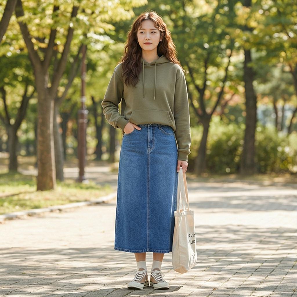롱 데님 스커트: 편안하면서도 여성스러운 분위기