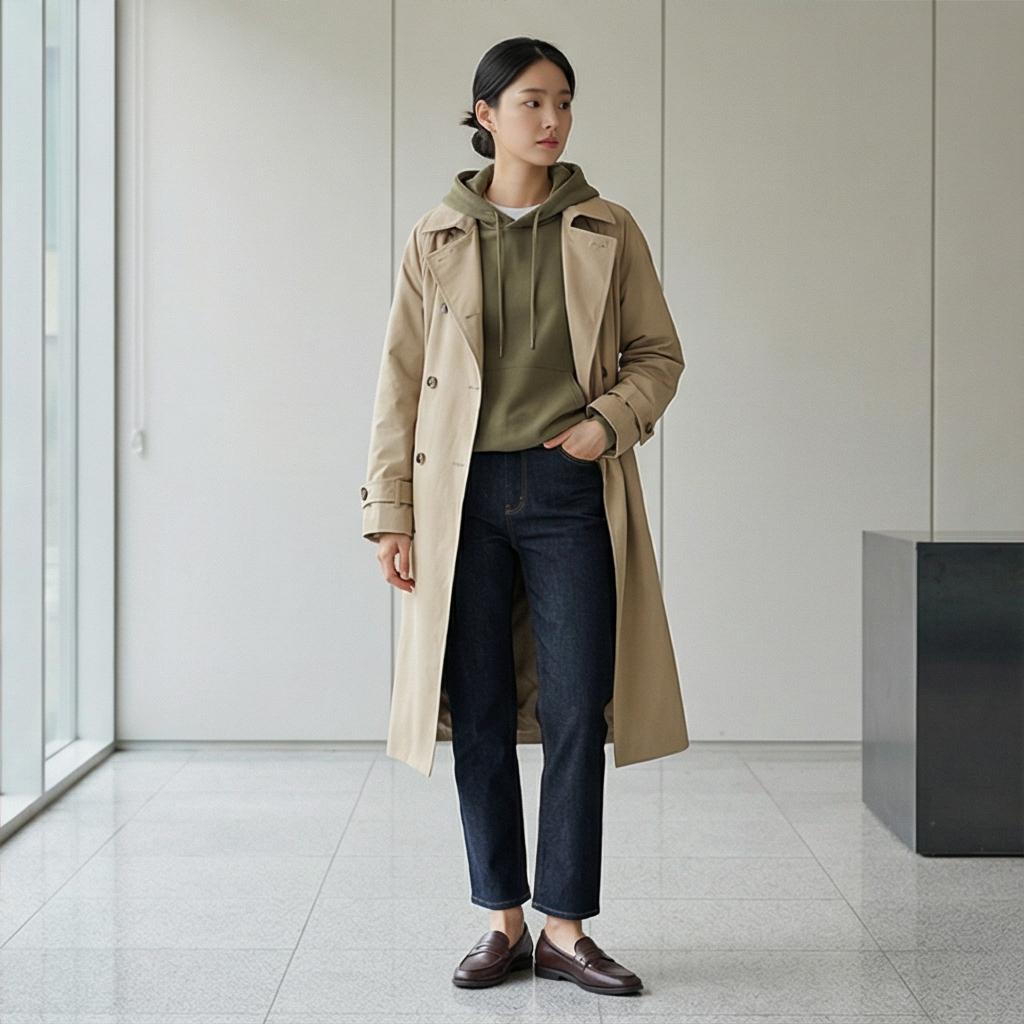 베이지색 트렌치코트: 성숙한 비즈니스 캐주얼 룩