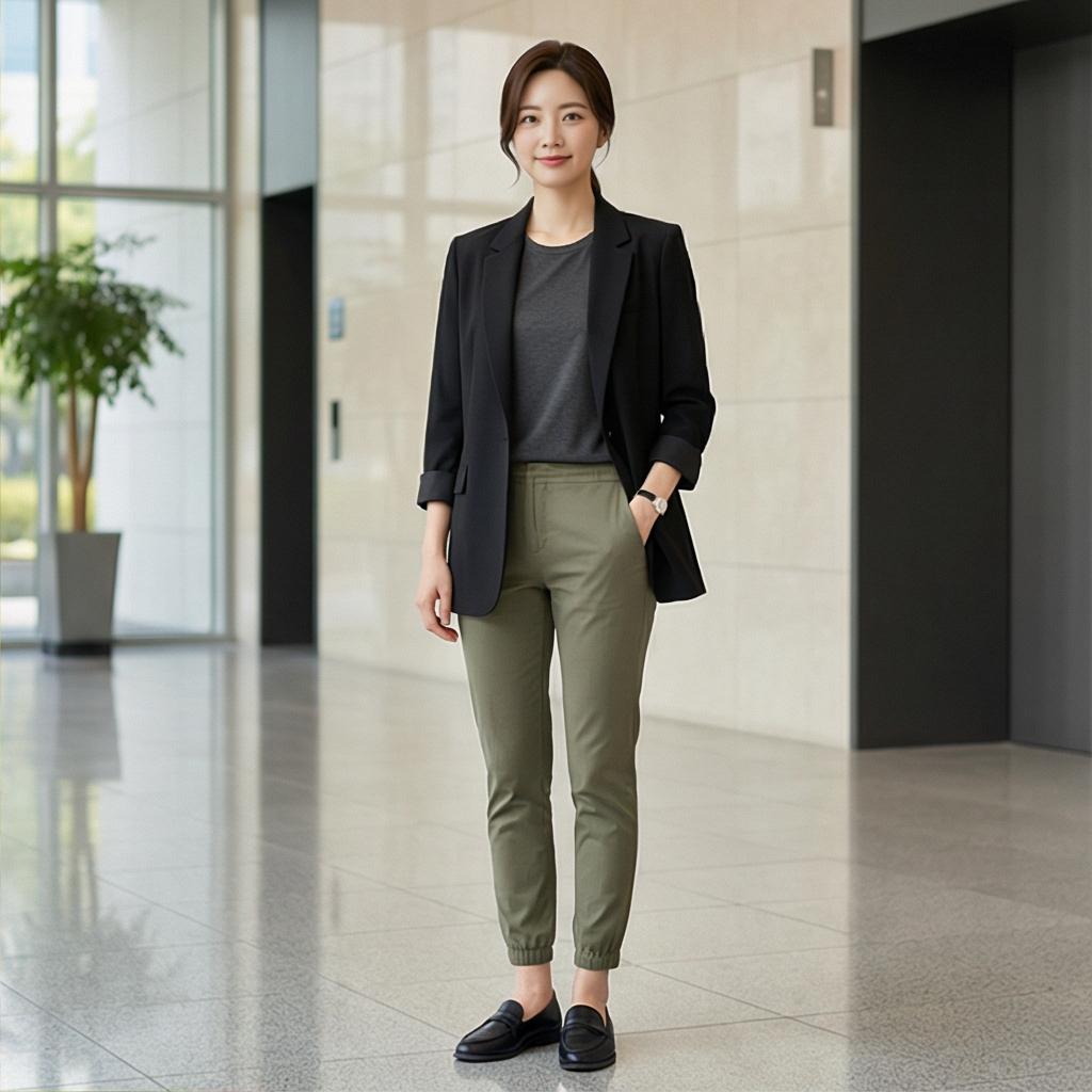 검은색 자켓, 로퍼: 단정한 비즈니스 캐주얼 스타일