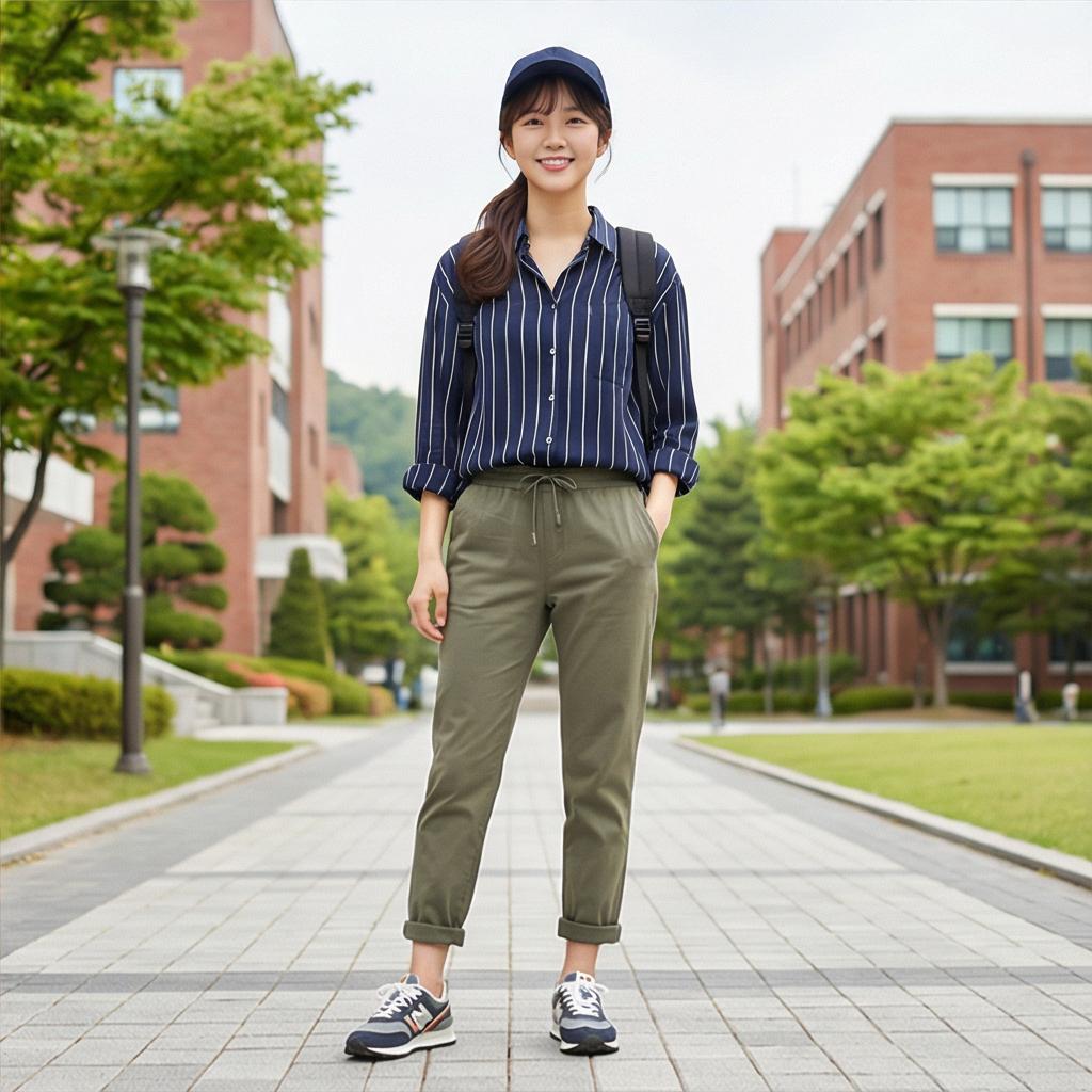 스트라이프 셔츠, 백팩: 활동적인 캠퍼스 스타일