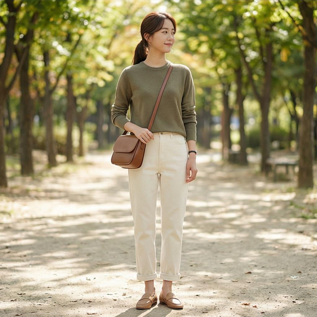 아이보리 코튼 팬츠: 화사한 나들이 룩