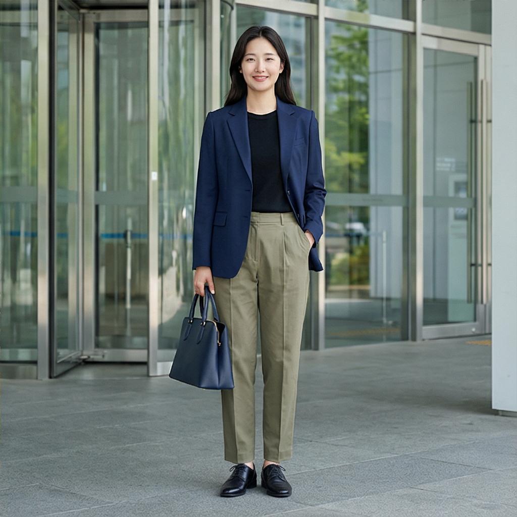 네이비 자켓과 가디건: 신뢰감 있는 비즈니스 캐주얼 분위기