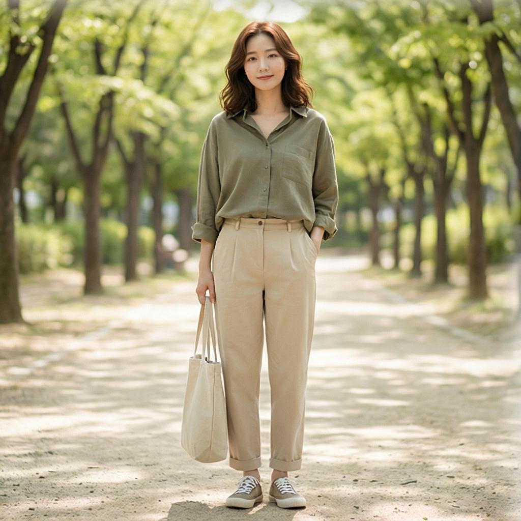 베이지 코튼 팬츠: 부드러운 분위기의 나들이 룩