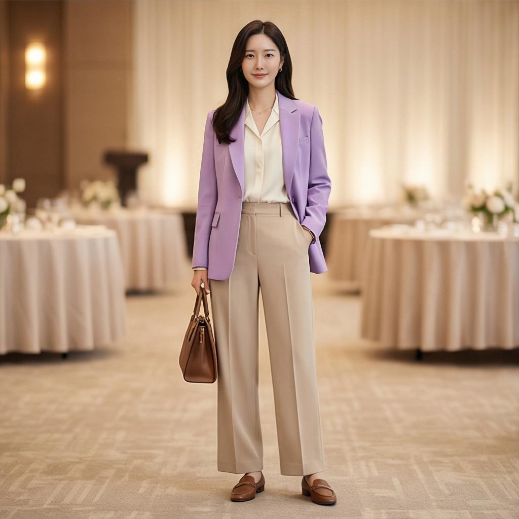 베이지 와이드 팬츠: 부드러운 하객 룩